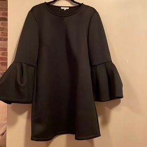 Scuba material black dress with puff sleeves